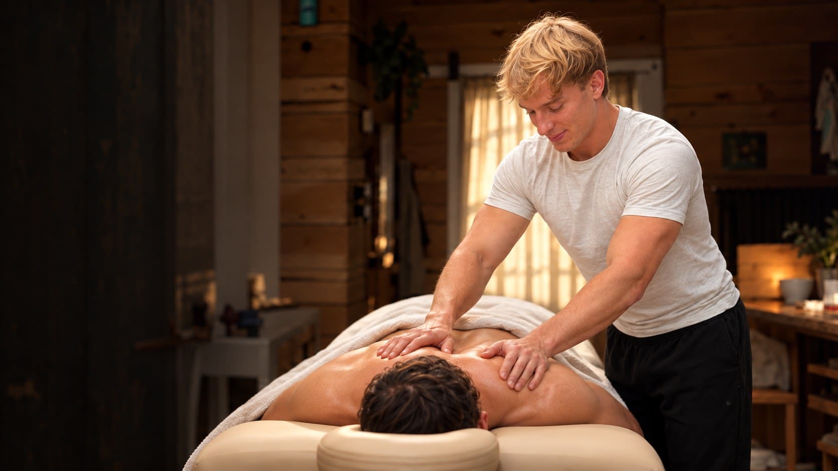 Mobile Massage in Osnabrück Schultermassage auf der Liege in warm beleuchtetem Raum