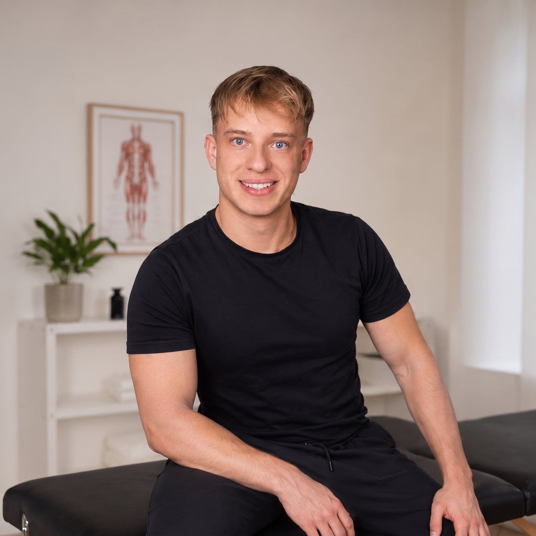 Simeon Papenbrock, mobile Massage Osnabrück Simeon Papenbrock, lächelnd, an seiner aufgebauten Massageliege
